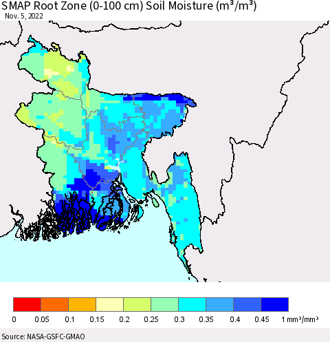 Bangladesh SMAP Root Zone (0-100 cm) Soil Moisture (m³/m³) Thematic Map For 11/1/2022 - 11/5/2022