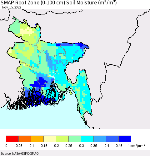 Bangladesh SMAP Root Zone (0-100 cm) Soil Moisture (m³/m³) Thematic Map For 11/11/2022 - 11/15/2022