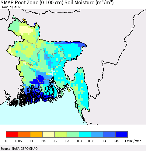 Bangladesh SMAP Root Zone (0-100 cm) Soil Moisture (m³/m³) Thematic Map For 11/16/2022 - 11/20/2022