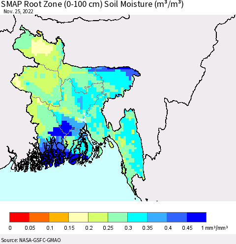Bangladesh SMAP Root Zone (0-100 cm) Soil Moisture (m³/m³) Thematic Map For 11/21/2022 - 11/25/2022