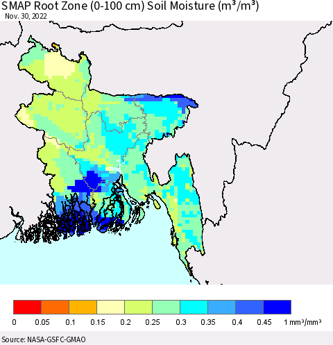 Bangladesh SMAP Root Zone (0-100 cm) Soil Moisture (m³/m³) Thematic Map For 11/26/2022 - 11/30/2022