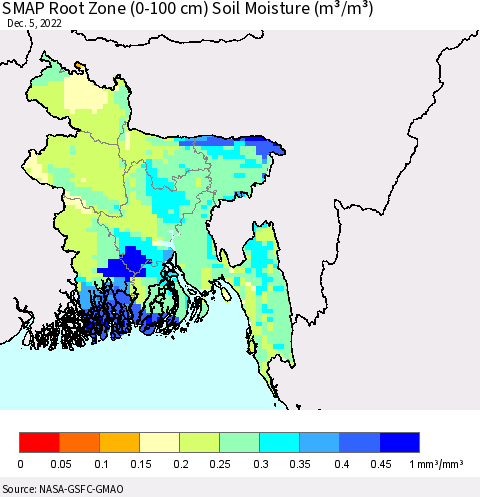 Bangladesh SMAP Root Zone (0-100 cm) Soil Moisture (m³/m³) Thematic Map For 12/1/2022 - 12/5/2022