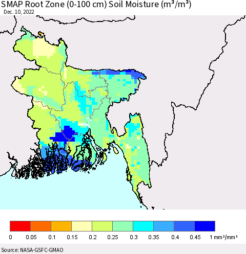 Bangladesh SMAP Root Zone (0-100 cm) Soil Moisture (m³/m³) Thematic Map For 12/6/2022 - 12/10/2022