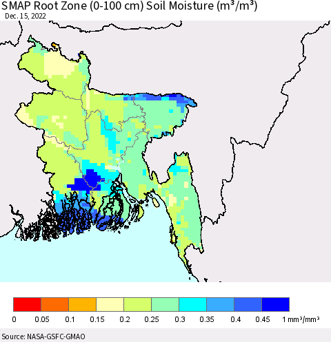 Bangladesh SMAP Root Zone (0-100 cm) Soil Moisture (m³/m³) Thematic Map For 12/11/2022 - 12/15/2022