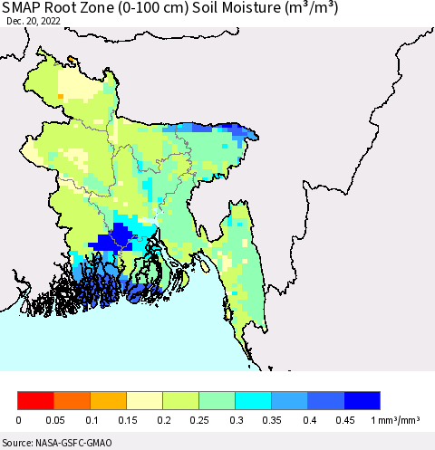 Bangladesh SMAP Root Zone (0-100 cm) Soil Moisture (m³/m³) Thematic Map For 12/16/2022 - 12/20/2022