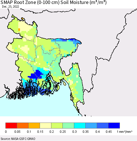 Bangladesh SMAP Root Zone (0-100 cm) Soil Moisture (m³/m³) Thematic Map For 12/21/2022 - 12/25/2022
