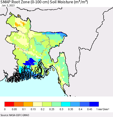 Bangladesh SMAP Root Zone (0-100 cm) Soil Moisture (m³/m³) Thematic Map For 1/1/2023 - 1/5/2023
