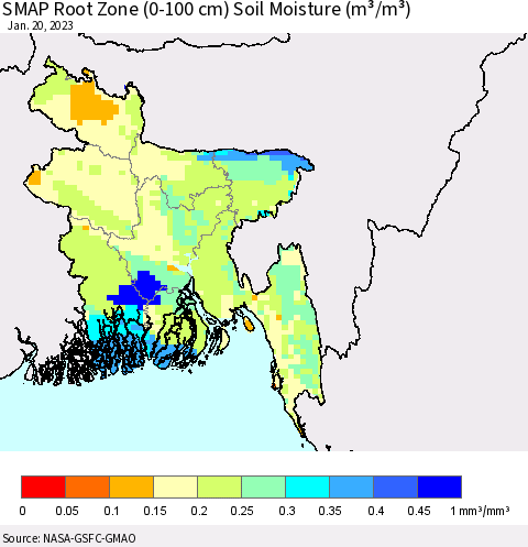 Bangladesh SMAP Root Zone (0-100 cm) Soil Moisture (m³/m³) Thematic Map For 1/16/2023 - 1/20/2023