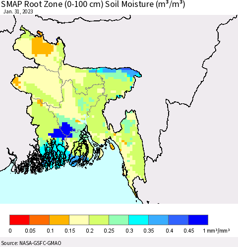 Bangladesh SMAP Root Zone (0-100 cm) Soil Moisture (m³/m³) Thematic Map For 1/26/2023 - 1/31/2023