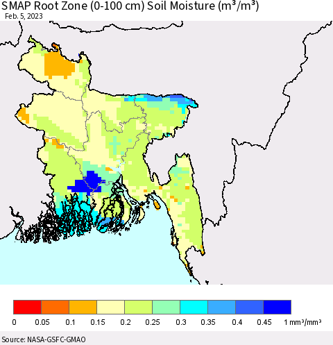 Bangladesh SMAP Root Zone (0-100 cm) Soil Moisture (m³/m³) Thematic Map For 2/1/2023 - 2/5/2023