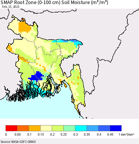 Bangladesh SMAP Root Zone (0-100 cm) Soil Moisture (m³/m³) Thematic Map For 2/11/2023 - 2/15/2023