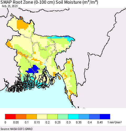 Bangladesh SMAP Root Zone (0-100 cm) Soil Moisture (m³/m³) Thematic Map For 2/21/2023 - 2/25/2023