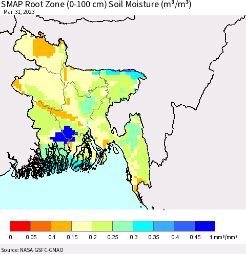 Bangladesh SMAP Root Zone (0-100 cm) Soil Moisture (m³/m³) Thematic Map For 3/26/2023 - 3/31/2023