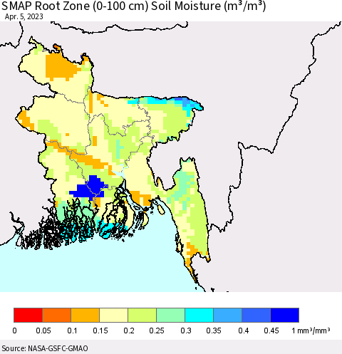 Bangladesh SMAP Root Zone (0-100 cm) Soil Moisture (m³/m³) Thematic Map For 4/1/2023 - 4/5/2023