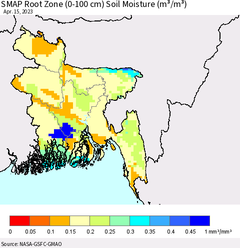 Bangladesh SMAP Root Zone (0-100 cm) Soil Moisture (m³/m³) Thematic Map For 4/11/2023 - 4/15/2023