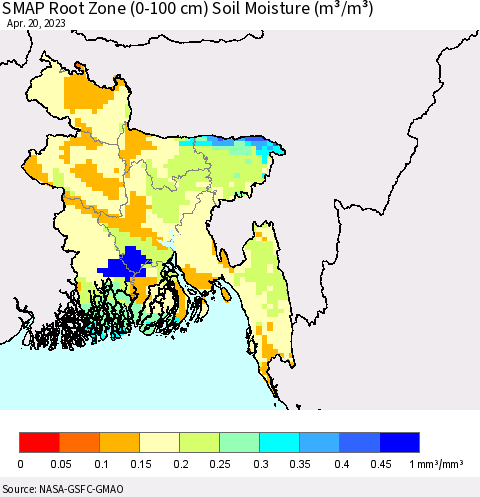 Bangladesh SMAP Root Zone (0-100 cm) Soil Moisture (m³/m³) Thematic Map For 4/16/2023 - 4/20/2023
