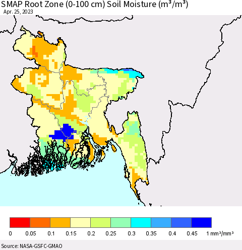 Bangladesh SMAP Root Zone (0-100 cm) Soil Moisture (m³/m³) Thematic Map For 4/21/2023 - 4/25/2023