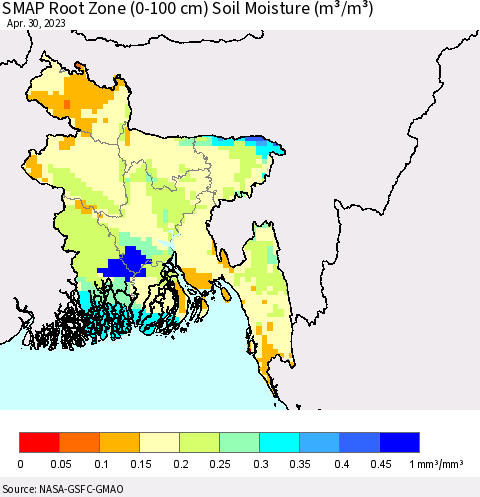 Bangladesh SMAP Root Zone (0-100 cm) Soil Moisture (m³/m³) Thematic Map For 4/26/2023 - 4/30/2023