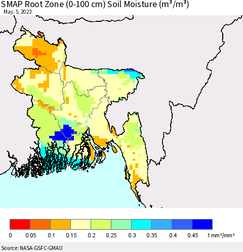 Bangladesh SMAP Root Zone (0-100 cm) Soil Moisture (m³/m³) Thematic Map For 5/1/2023 - 5/5/2023