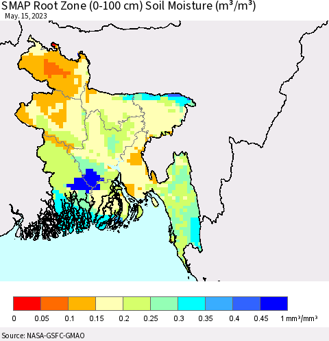 Bangladesh SMAP Root Zone (0-100 cm) Soil Moisture (m³/m³) Thematic Map For 5/11/2023 - 5/15/2023