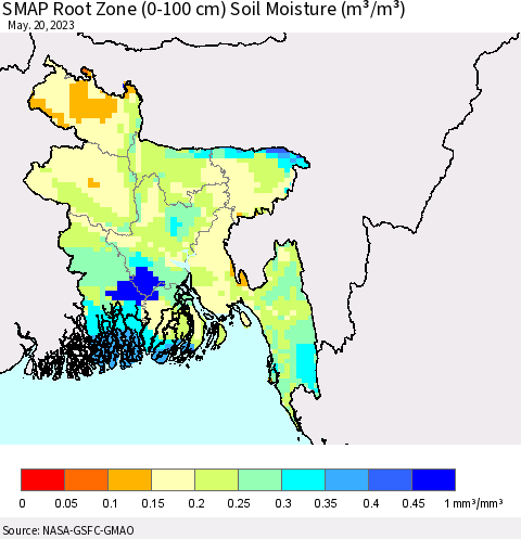 Bangladesh SMAP Root Zone (0-100 cm) Soil Moisture (m³/m³) Thematic Map For 5/16/2023 - 5/20/2023