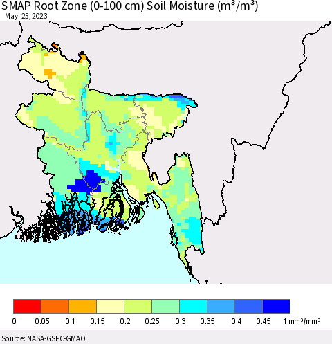 Bangladesh SMAP Root Zone (0-100 cm) Soil Moisture (m³/m³) Thematic Map For 5/21/2023 - 5/25/2023