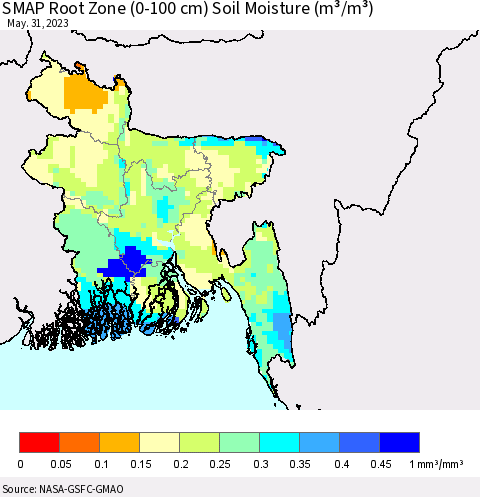 Bangladesh SMAP Root Zone (0-100 cm) Soil Moisture (m³/m³) Thematic Map For 5/26/2023 - 5/31/2023