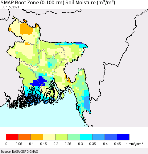 Bangladesh SMAP Root Zone (0-100 cm) Soil Moisture (m³/m³) Thematic Map For 6/1/2023 - 6/5/2023