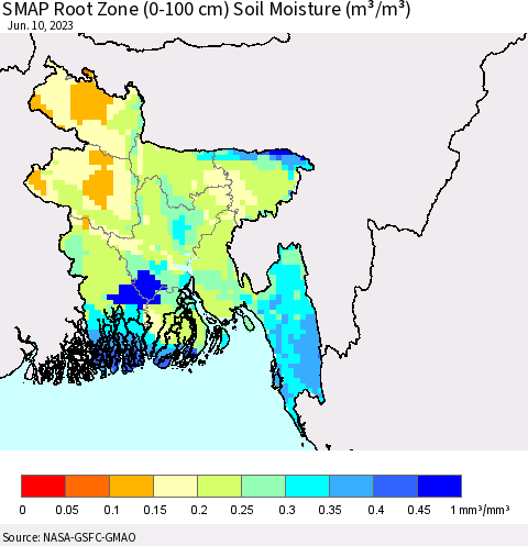 Bangladesh SMAP Root Zone (0-100 cm) Soil Moisture (m³/m³) Thematic Map For 6/6/2023 - 6/10/2023