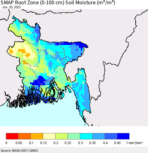 Bangladesh SMAP Root Zone (0-100 cm) Soil Moisture (m³/m³) Thematic Map For 6/16/2023 - 6/20/2023