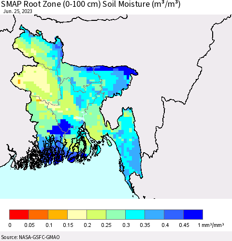 Bangladesh SMAP Root Zone (0-100 cm) Soil Moisture (m³/m³) Thematic Map For 6/21/2023 - 6/25/2023