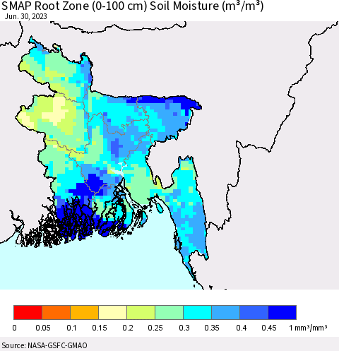 Bangladesh SMAP Root Zone (0-100 cm) Soil Moisture (m³/m³) Thematic Map For 6/26/2023 - 6/30/2023
