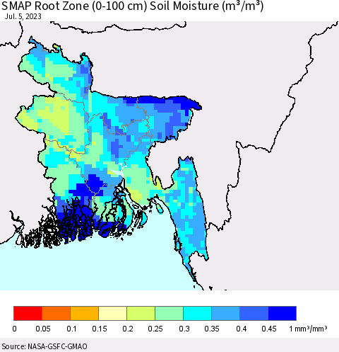 Bangladesh SMAP Root Zone (0-100 cm) Soil Moisture (m³/m³) Thematic Map For 7/1/2023 - 7/5/2023