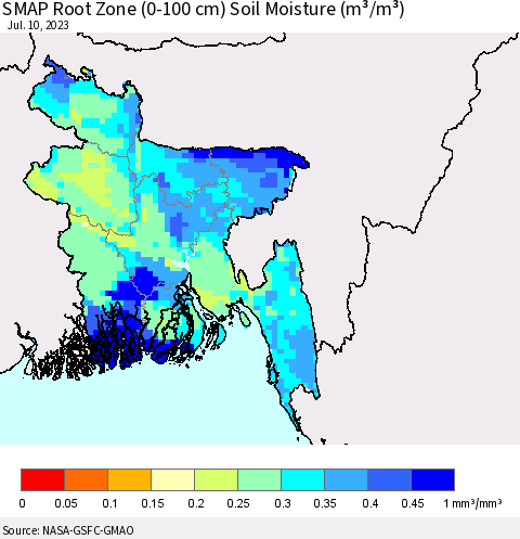Bangladesh SMAP Root Zone (0-100 cm) Soil Moisture (m³/m³) Thematic Map For 7/6/2023 - 7/10/2023