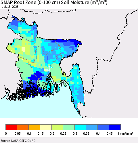 Bangladesh SMAP Root Zone (0-100 cm) Soil Moisture (m³/m³) Thematic Map For 7/11/2023 - 7/15/2023