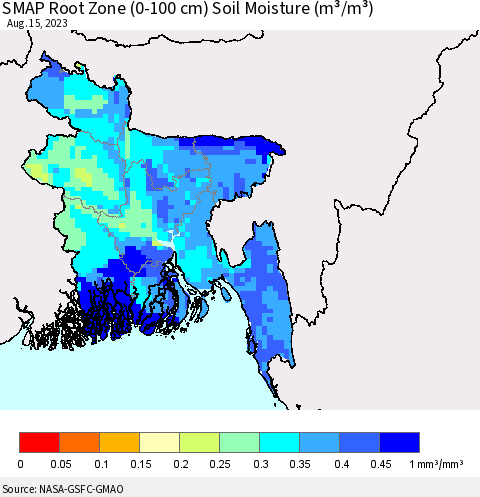Bangladesh SMAP Root Zone (0-100 cm) Soil Moisture (m³/m³) Thematic Map For 8/11/2023 - 8/15/2023