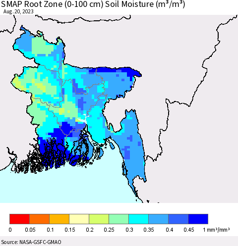 Bangladesh SMAP Root Zone (0-100 cm) Soil Moisture (m³/m³) Thematic Map For 8/16/2023 - 8/20/2023