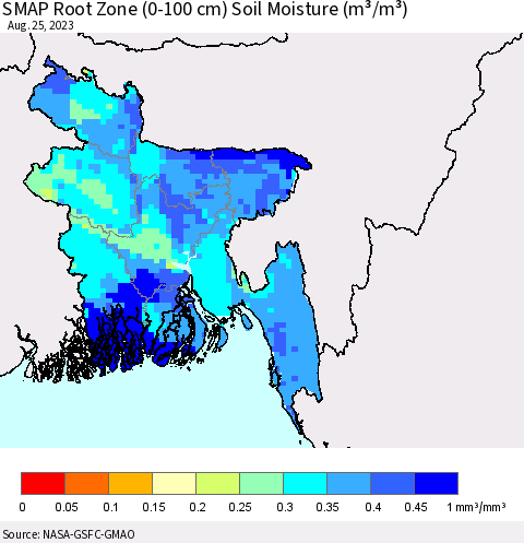 Bangladesh SMAP Root Zone (0-100 cm) Soil Moisture (m³/m³) Thematic Map For 8/21/2023 - 8/25/2023
