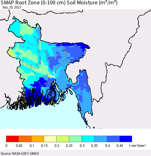 Bangladesh SMAP Root Zone (0-100 cm) Soil Moisture (m³/m³) Thematic Map For 9/16/2023 - 9/20/2023