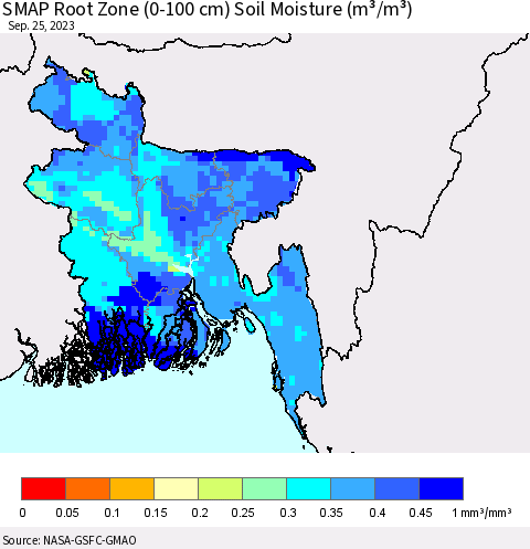 Bangladesh SMAP Root Zone (0-100 cm) Soil Moisture (m³/m³) Thematic Map For 9/21/2023 - 9/25/2023