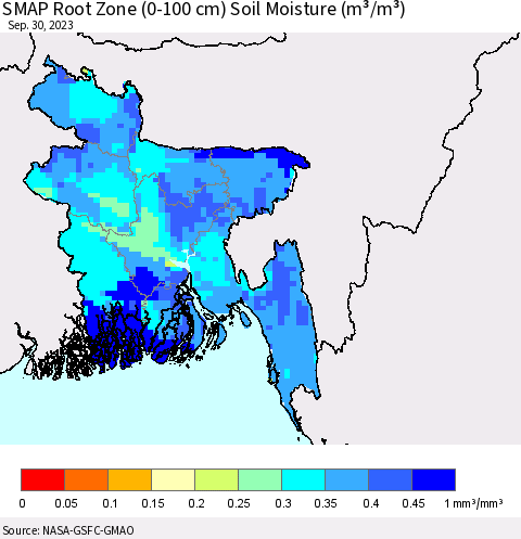 Bangladesh SMAP Root Zone (0-100 cm) Soil Moisture (m³/m³) Thematic Map For 9/26/2023 - 9/30/2023