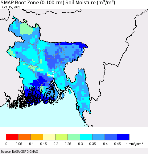Bangladesh SMAP Root Zone (0-100 cm) Soil Moisture (m³/m³) Thematic Map For 10/11/2023 - 10/15/2023