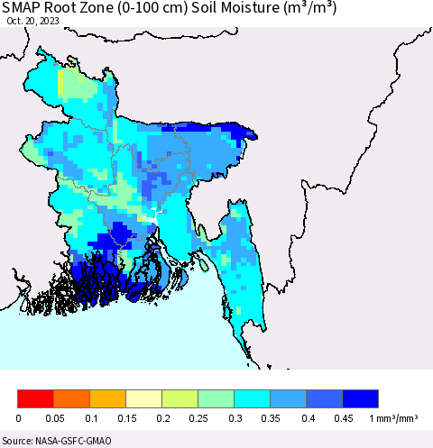 Bangladesh SMAP Root Zone (0-100 cm) Soil Moisture (m³/m³) Thematic Map For 10/16/2023 - 10/20/2023