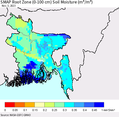 Bangladesh SMAP Root Zone (0-100 cm) Soil Moisture (m³/m³) Thematic Map For 11/1/2023 - 11/5/2023