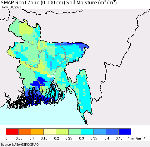 Bangladesh SMAP Root Zone (0-100 cm) Soil Moisture (m³/m³) Thematic Map For 11/6/2023 - 11/10/2023