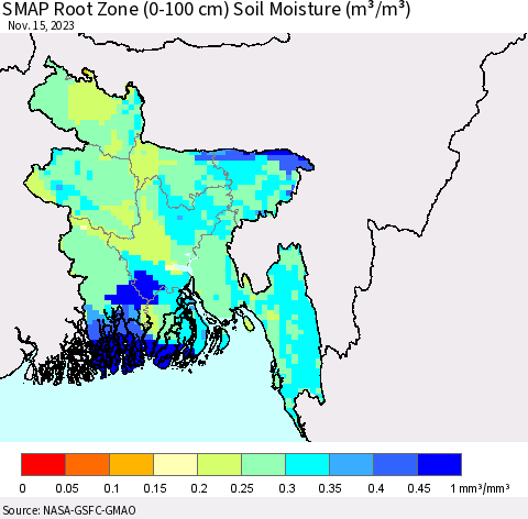 Bangladesh SMAP Root Zone (0-100 cm) Soil Moisture (m³/m³) Thematic Map For 11/11/2023 - 11/15/2023