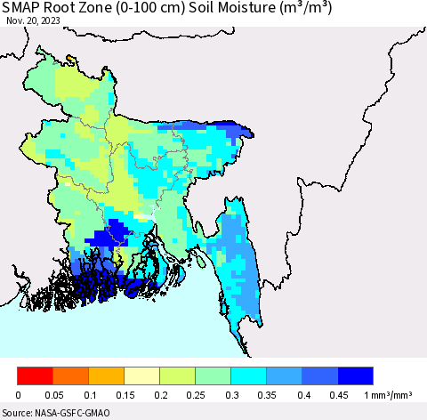 Bangladesh SMAP Root Zone (0-100 cm) Soil Moisture (m³/m³) Thematic Map For 11/16/2023 - 11/20/2023