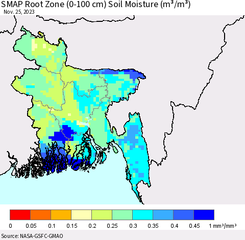 Bangladesh SMAP Root Zone (0-100 cm) Soil Moisture (m³/m³) Thematic Map For 11/21/2023 - 11/25/2023