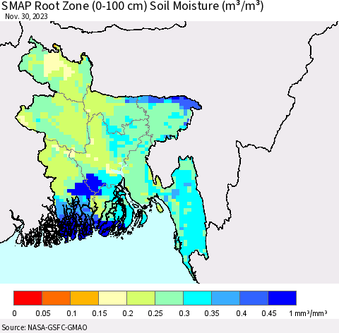 Bangladesh SMAP Root Zone (0-100 cm) Soil Moisture (m³/m³) Thematic Map For 11/26/2023 - 11/30/2023