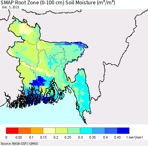 Bangladesh SMAP Root Zone (0-100 cm) Soil Moisture (m³/m³) Thematic Map For 12/1/2023 - 12/5/2023